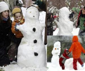 пазл Дети играют с снеговика